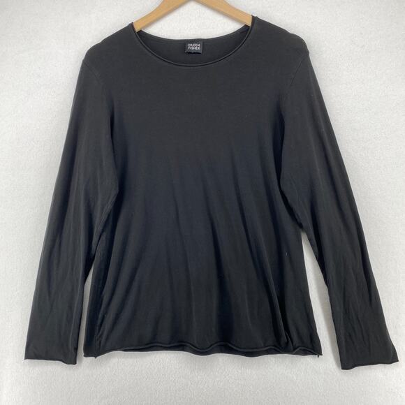 EILEEN FISHER Top L Stretch Cotton Fine Jersey Crewneck Long Sleeve Black - Picture 1 of 12